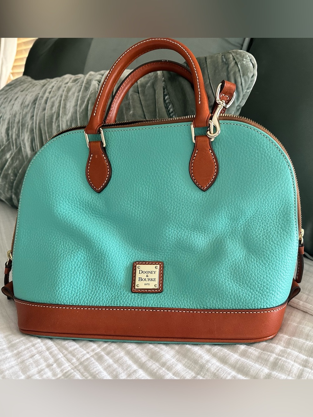 Dooney & Bourke Turquoise Pebble Leather Satchel with Brown Trim and Top Handles